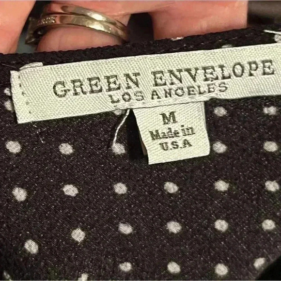 Green Envelope Black White Polka Dot 3/4 Angel Sleeves Back Tie Blouse Womens M - Picture 5 of 5